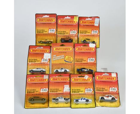 Matchbox, Blisterpackungen andere 1980 - 1983, 1 Dodge Challenger, "Toyman", 2 Pontiac Fiero, Nr. 85, 3 Porsche, Nr. 14, 5 Je