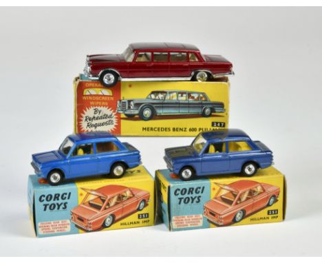 Corgi Toys, 247 Mercedes Benz 600 Pullmann, rot mit Stern, 251 Hillman Impl, hellblau, Lackfehler an der linken Dachseite, 25