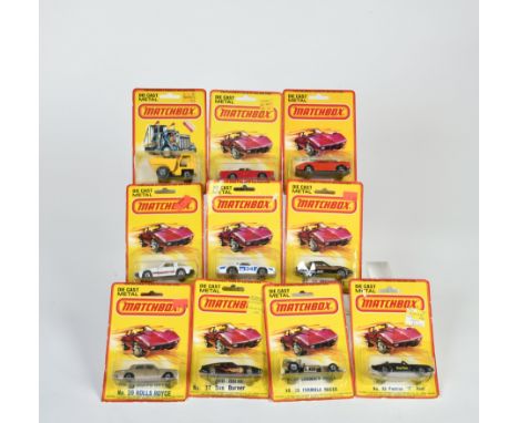 Matchbox, Blisterpackungen 1-75, 26 Site Dumper, 27 Lamborghini Countach, Nr. 8, 28 Lincoln Continental, 28 Formula Racer, Nr