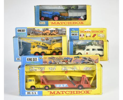 Matchbox King Size Series (gelb/blaue OVP), K-6 Mercedes Benz, Binz Ambulance, K-11DAF Car Transporter, K-11 Fordson Tractor 