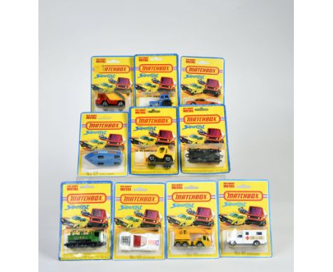 Matchbox, Blisterpackungen Superfast (1975), 37 Skip Truck, 41 Ambulance, rotes Kreuz, (2 Verpackungen), 43 Steam Locomotive 