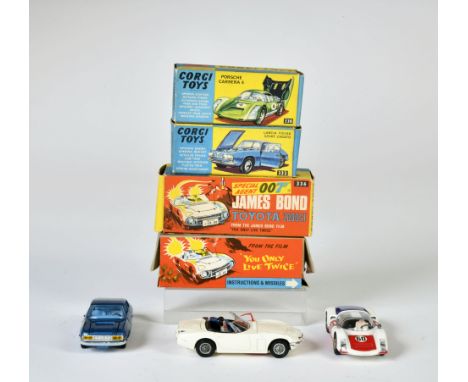 Corgi Toys, 330 Porsche Carrera 6 Nr. 60, rote Türen und Motorhaube, 332 Lancia Fulvia Sport Zagato, 336 James Bond Toyota 20