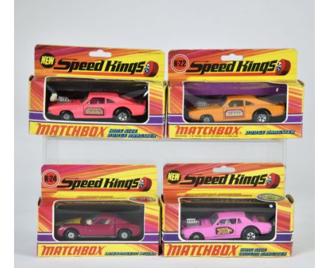 Matchbox, Speed Kings, K-21 Mercury Cougar Dragster, lila, 2x K-22 Dodge Dragster, pink + orange, K-24 Lamborghini Miura, lil