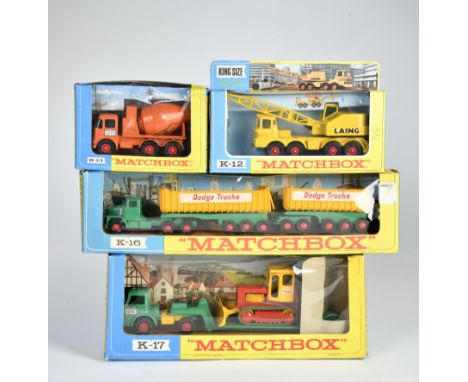 Matchbox King Size Series (gelb/blaue OVP), K-12 Scammell Routeman Crane, ("LAING"), K-13 Ready-Mix Concrete Truck, K-16 Dodg