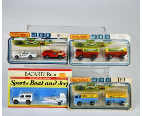 Matchbox, Blisterpackungen, Serie 900, Set Baccardi Special Sport Boat + Jeep, 2x TP-1 Mercedes Truck + Trailer (Transcontine