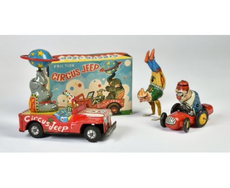 Köhler, Biller u.a., Clowns &amp; Circus Jeep, Germany, Japan, Blech, Funktion ok, 1x Okt, Z 1-2