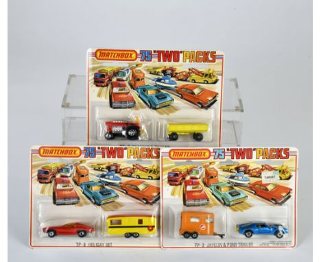 Matchbox, Blisterpackungen, Two Packs, TP-2 Tractor (lila) &amp; Trailer (gelb), TP-3 Metallic Blue Javelin with silver paint