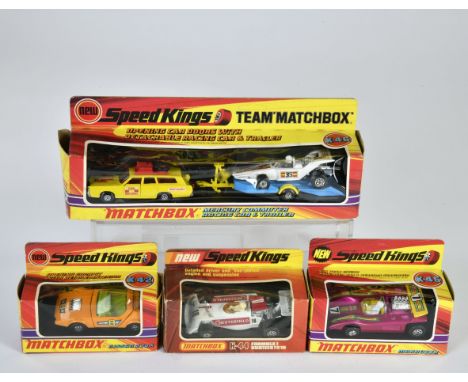 Matchbox Speed Kings, K-42 Nissan 270X, orange Nr. 8, K-44, Formula 1-Surtees F-1, weiß, Chesterfield, Nr. 18, K-45 Marauder 