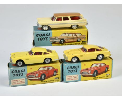 Corgi Toys, 218 Aston Martin D.B.4, gelb, innen rot, 218 Aston Martin D.B.4, gelb, innen rot, 219 Plymouth Sports Suburban St