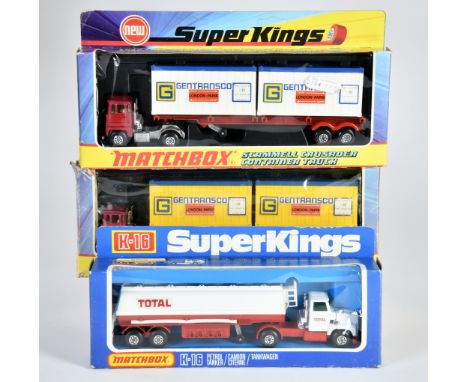 Matchbox SuperKings 1973/75, K-16 Ford LTS Articulated SHELL Tanker, ("TEXACO"), 2x K-17 Scammell Crusader Container Truck, G