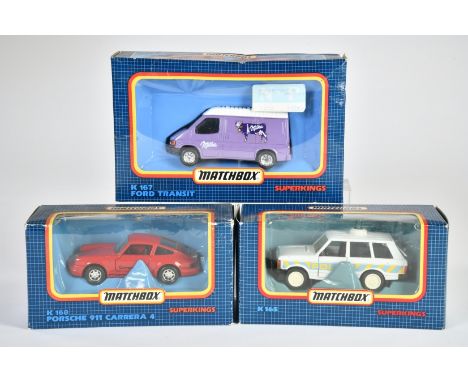 Matchbox, SuperKings, OVP dunkelblau/kariert, 1988, K 165 Range Rover, weiß, Police, K 167 Ford Transit, lila, Dach weiß, MIL