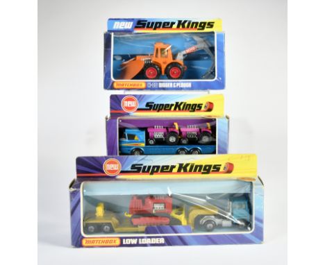 Matchbox SuperKings 1973/75, K-21 Tractor Transporter, 2 Traktoren lila, K-23 Low Ladder, Raupe rot, K-25 Digger &amp; Plough