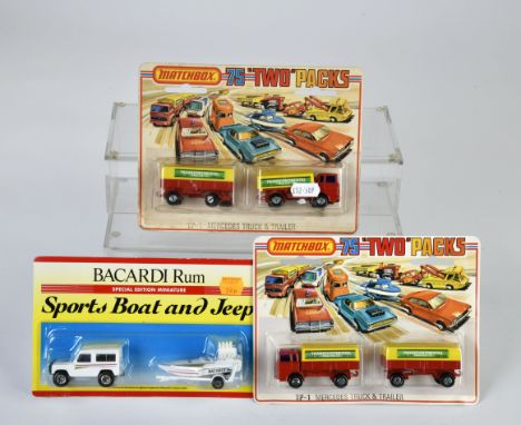 Matchbox, Blisterpackungen, Two Packs, Set Baccardi Special Sport Boot + Jeep, 2x TP-1 Mercedes Truck &amp; Trailer Transcont