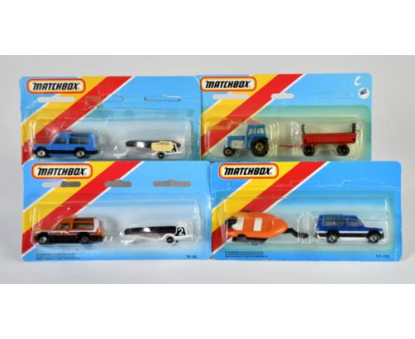 Matchbox, Blisterpackungen, BLAU, Two Packs, TP-108, Ford Tractor, blau, goldene Radkappen + 4 Wheel Trailer, rot, TP-109, Ci