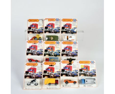 Matchbox, Blisterpackungen, Serie 75 Canada, Tractor Shovel, Leyland Articulated Truck, Swamp Rat, Caravan, Field Gun, Police