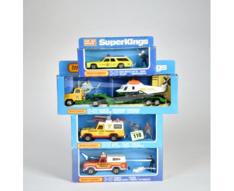 Matchbox, SuperKings, K-65 Plymouth Emergency Service, K-67 Dodge Monaco Fire Chief (lime green), K-75 Airport Fire Tender (y