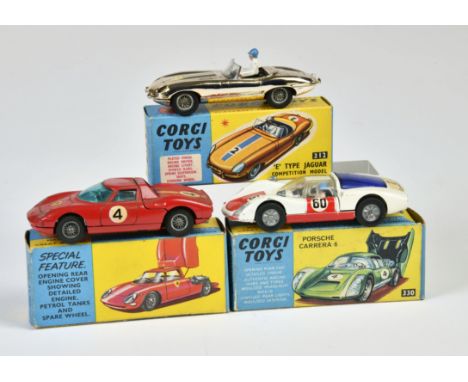 Corgi Toys, 312 Jaguar E-Type Competition, mit Fahrer, 314 Ferrari Berlinetta 250 Le Mans rot, Nr. 4, Speichenräder, 330 Pors