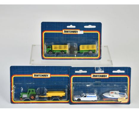 Matchbox, Blisterpackungen, BLAU, Two Packs, TP-103 Cattle Truck &amp; Trailer, grün und gelber Käfig, TP-108 Ford Tractor (g
