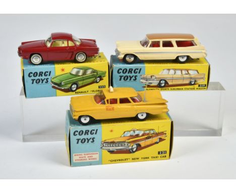 Corgi Toys, 219 Plymouth Sports Suburban Station Wagon, zweifarbiges cremefarbenes Dach, rote Innenausstattung, 221 Chevrolet