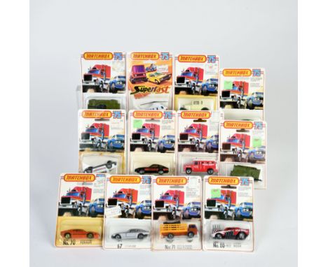 Matchbox, Blisterpackungen, Serie 75 Canada, Datsun 260Z, Wells Fargo, Ferrari, S.P Gun, Cattle Truck, Weasel Armoured Car, F