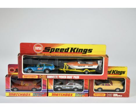 Matchbox, Speed Kings, K-48 Mercedes 350 SLC, orange/braun,  K-52 Datsun 240Z, silber, Nr. 52, K-58 Power Boat Pack (Corvette
