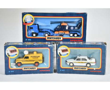 Matchbox, SuperKings, OVP dunkelblau/kariert, 1988, K 126 DAF 3300 AT, blau, Royal Navy Hubschrauber Transporter, K 142 BMW 5