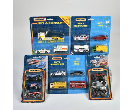 Matchbox, Blisterpackungen, BLAU, Two Packs, MP-104 3er Set Jeeps, OVP offen, MP-105 3er Set Dragster, (Red Raider, Cosmic Bl