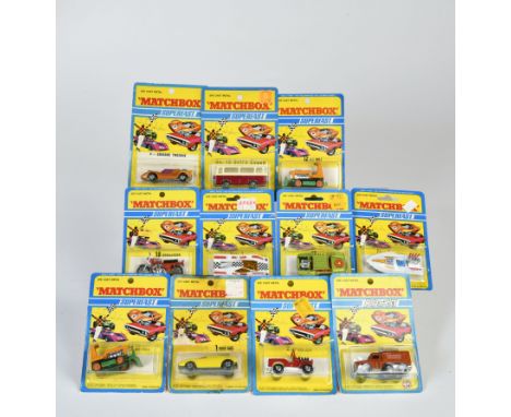 Matchbox, Blisterpackungen Superfast (1971), 1 ModRod, Löwen Aufkleber, 2 Hot Rod Jeep, 4 Gruesome Twosome, 5 Seafire, blauer