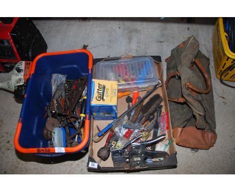 Two tubs containing staple guns, wire brushes, various hand tools etc.