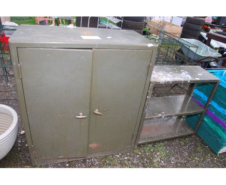 A metal 3 shelf Unit, 30" x 12" x 28" tall and a Cupboard with shelves, 3' x 18" x 40" tall.