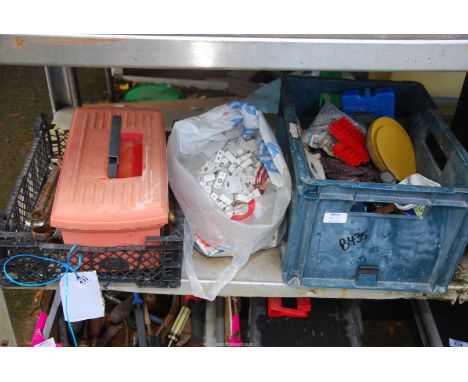 A tray and a tool box of various spanners plus door furniture, raw plugs, tap and die set etc.