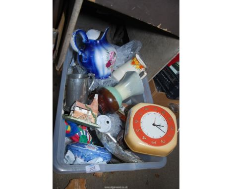 Metal tankards, a clown, hip flask and china etc.