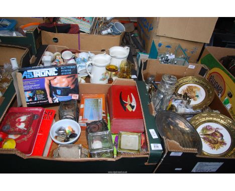 Three boxes of miscellaneous items including Blackspur Tilley lamp, brass wall plaques, china, candles etc.