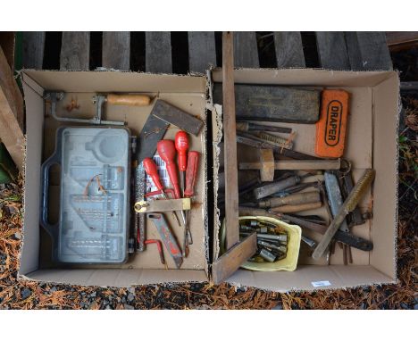 Two boxes of tools, small sockets, wooden square, screwdrivers, planes and drills, etc.