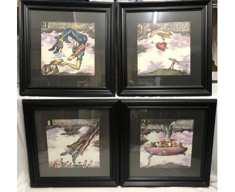 Set of four lithograph limited edition prints Markus Pierson 'Village Idiot' 126/175. Picture size 40 x 40cms. Ebonised frame
