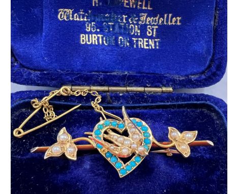A turquoise and seed pearl Victorian bar brooch in original case, marked 15ct. 4.1gms.Condition ReportGood condition. Missing