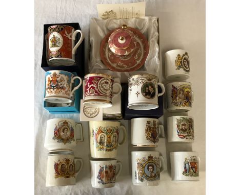 A collection 15 of commemorative cups to include Royal Worcester, Buckingham Palace China, The Royal Collection China, Shelle