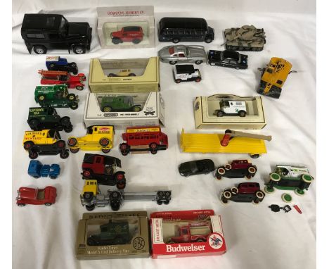Diecast model vehicles collection, Matchbox trucks, fire engine, cars, 5 Corgi models, one Dinky crane, Lledo Days Gone and o