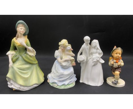 Ceramics to include Coalport 'The Goose Girl' 15cm h, Royal Doulton 'Sandra' HN2401, Royal Doulton Images 'Bride and Groom' H