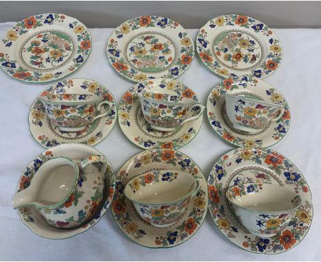 Part Masons tea service to include ups, 5 saucers, 4 plates, milk jug and sugar bowl.Condition ReportCrazing to one saucer, l