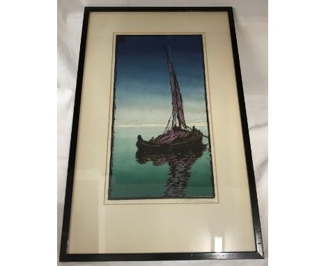 C Thieann colour woodcut block print "Evening" circa 1935. Signed lower right. Picture size 39cms h x 21.5cms w, frame 57cms 
