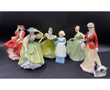 Five Royal Doulton figurines to include; Lynne HN2329, Sarah HN 3384 21cm h, Fair Lady 2193,Top O' The Hill HN1834 and Butter