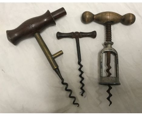 Three assorted corkscrews, Hercules beech handled 15cms l, Coney's patent brass stem 16cms l and a small iron corkscrew 10cms