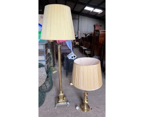 Two brass lamps and silk shades, one standard lamp, one table lamp. Standard lamp to top of column 118cm h.Condition ReportGo