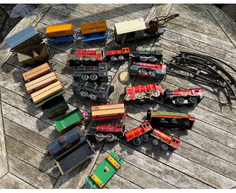 Tin plate clockwork train and carriages Hornby &amp; Brimtoy to include Breakdown Van and Crane, 67000 and train track etc.Co