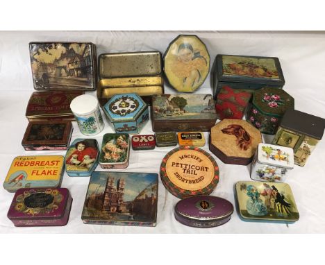 A collection of 25 assorted vintage biscuit and toffee tins including Jacobs, Bluebird, Macfarlane &amp; Lang, Thornes, Oxo a