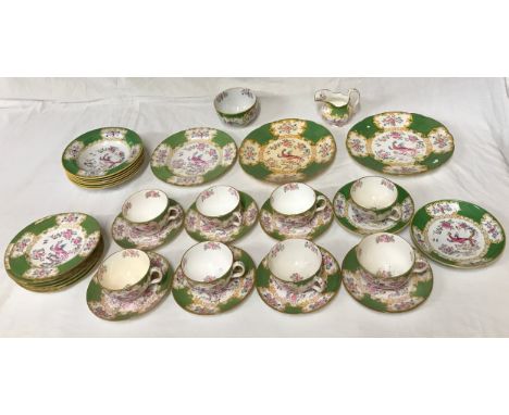 A Minton Cockatrice part tea service to include 2 x plates 22cms d, 1 x side plate 19.5cms d, 6 x small plate, 6 x bowls, jug