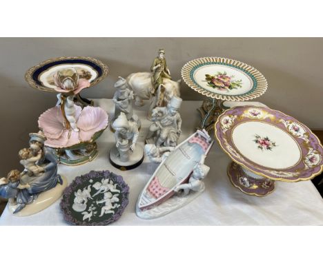 Late 19th/early 20thC ceramics to include; lavender coloured tazza, Loch Fad tazza, Minton style Tazza 18cm h, Copeland table