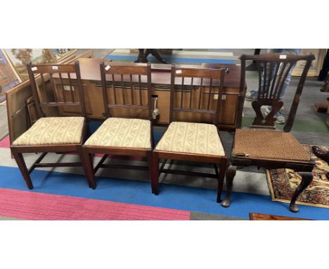 A set of 3 mahogany square taper leg chairs with inlaid stretcher and drop in seats, one slat back chair with cabriole legs a