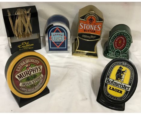 Collection of six bar pump advertising tops, Yorkshire Bitter, Bass Light, Stones Bitter, Whitbread bitter, Murphy's Irish St